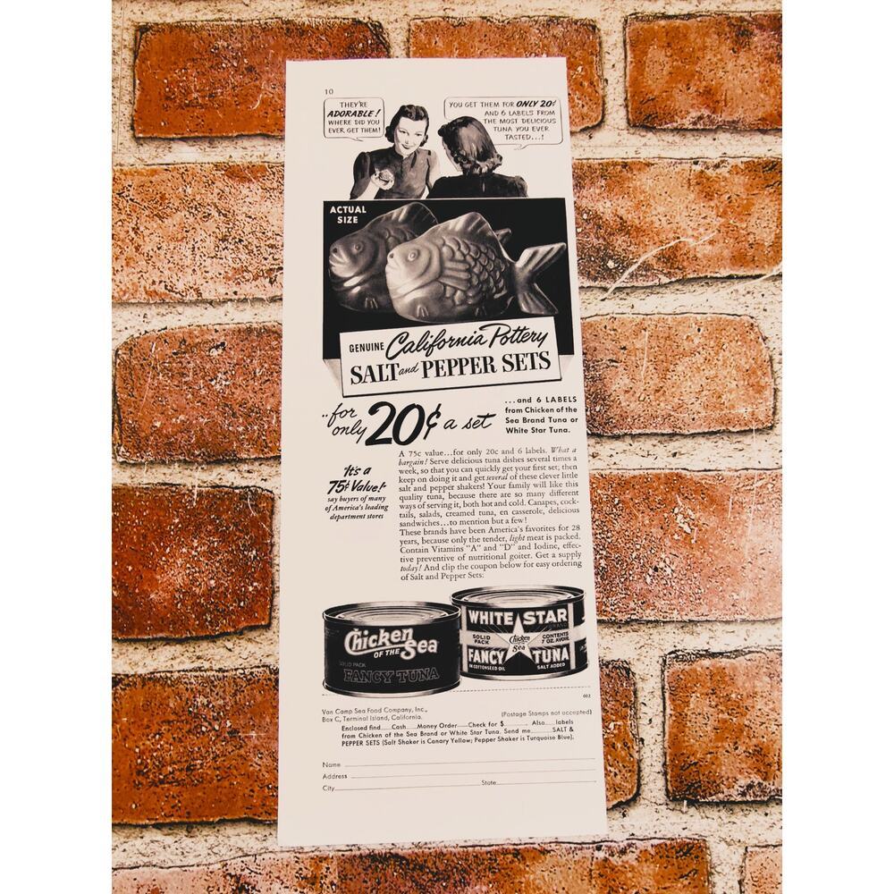 1940 Chicken of Sea Tuna Salt & Pepper Kitchen Collectible Nostalgic Print Ad